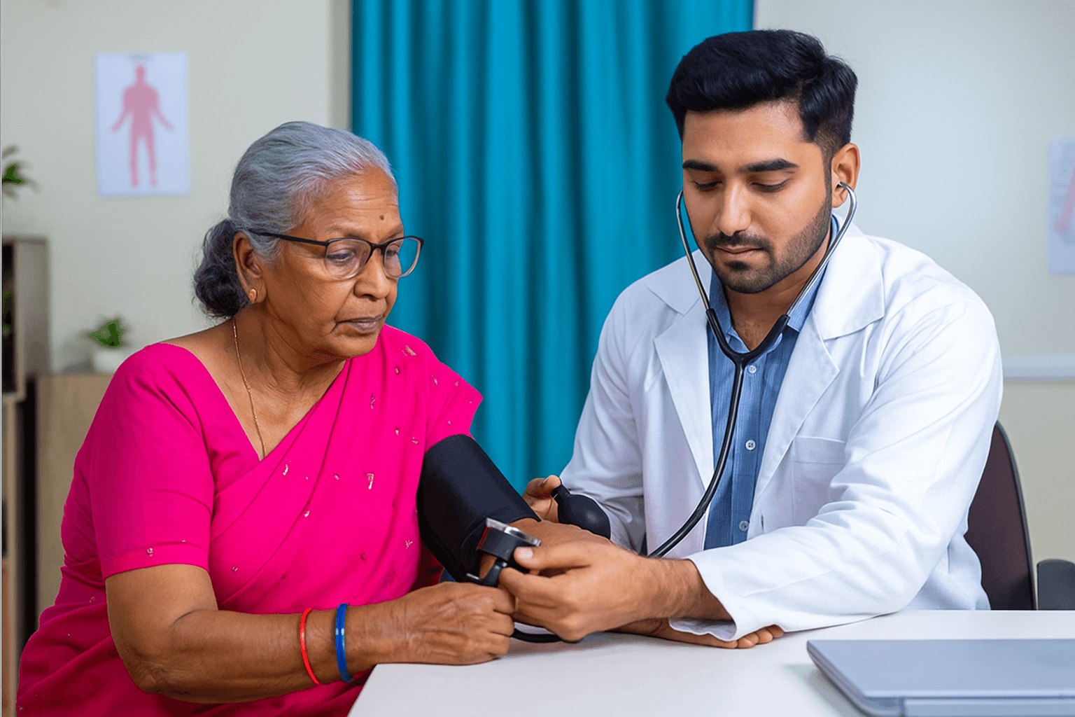 Certified MBBS doctor with medical equipment including stethoscope and blood pressure monitor, ready for home visit healthcare service in Vizag, Tirupati, and Kakinada